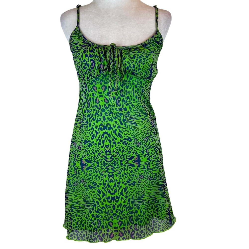 Brave Soul London Neon Green Leopard Mesh Babydoll Mini Dress XS Rave Tie Front